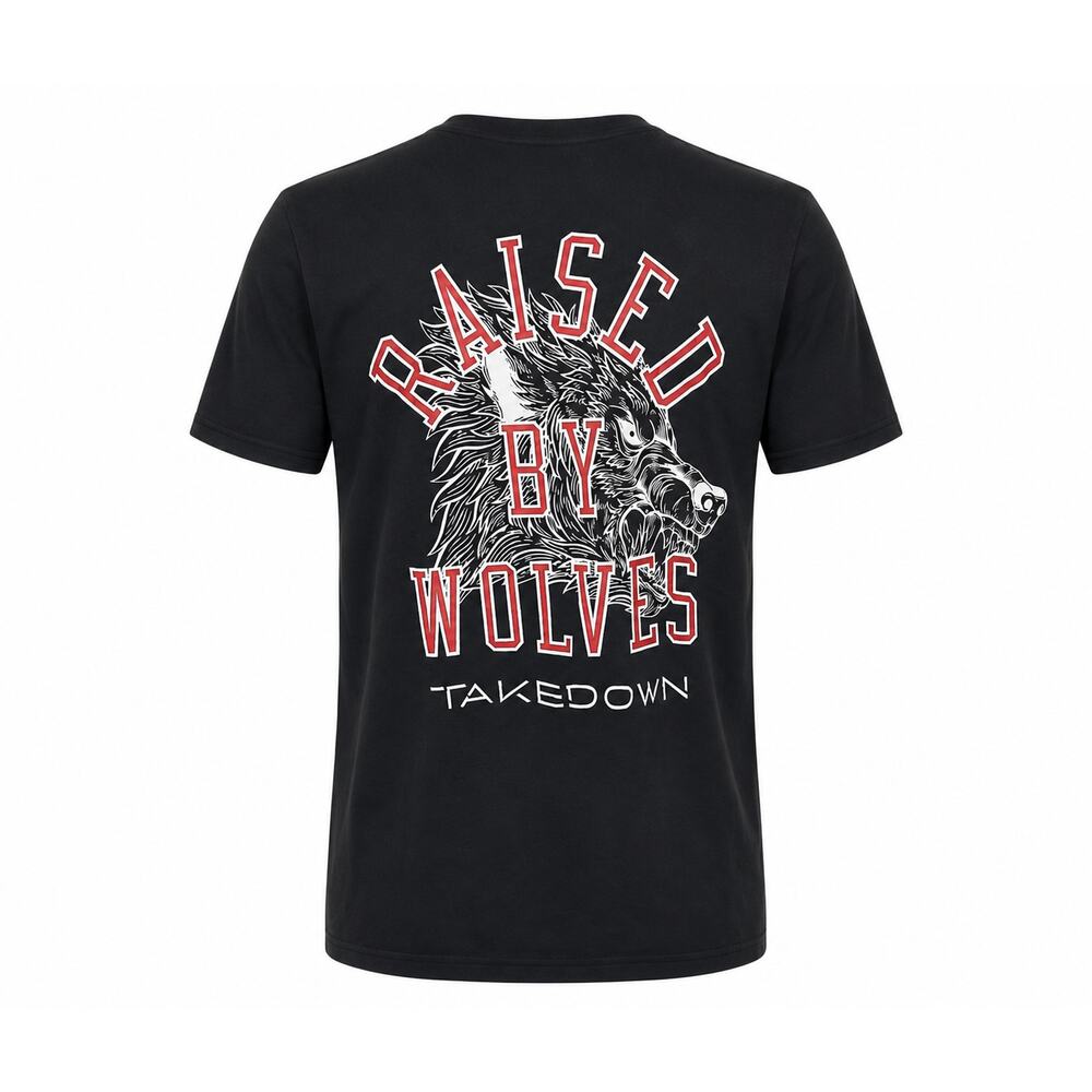 Takedown Mens T Graphic Tee Raised by Wolves Black Front back Graphic Sz L